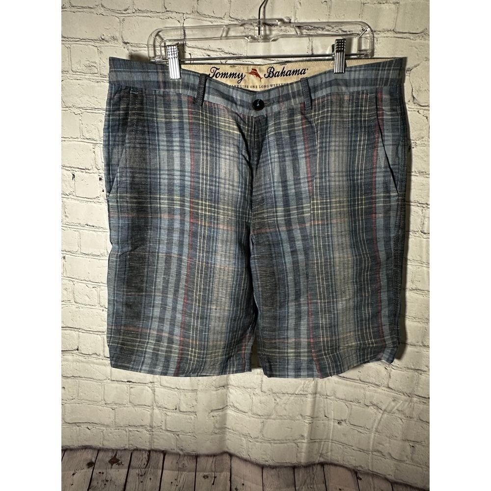 Tommy Bahama Mens Blue Plaid Linen Tencel Blend Flat Front Shorts Size 34